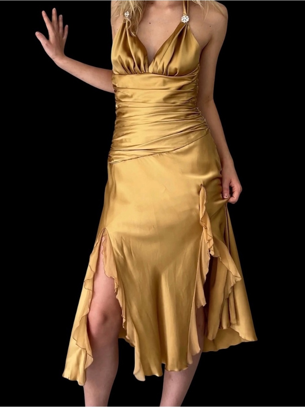 Vintage Y2K Cache Gold 100% Silk Chiffon Ruffle Tie Back Halter Dress Size 8 - Picture 5 of 9